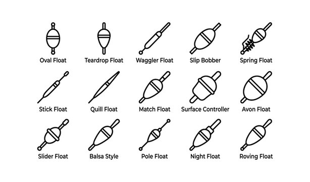 Fishing float and bobber outlines arranged in labeled grid