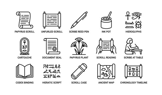 Ancient papyrus and scroll icons depicting writing tools and scripts