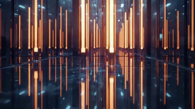 Glowing vertical light columns reflected glossy floor creating futuristic corridor reflection