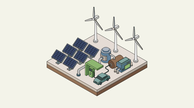 Illustration of green energy system: solar panels wind turbines and energy storage setup
