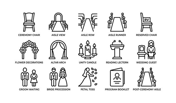 Wedding ceremony icons depicting seating and aisle arrangements