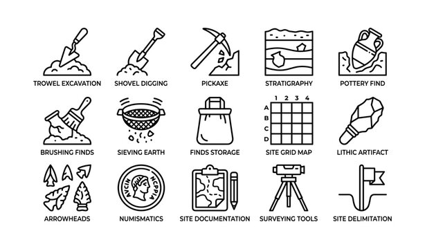 Archaeology tool and find icons arranged in grid on white background