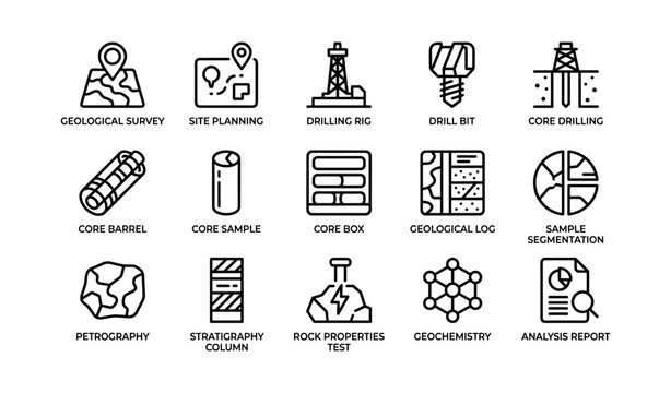 Geological drilling icons showing survey core samples analysis
