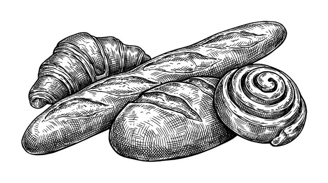Artistic Pen and Ink Drawing of Assorted Pastries and Bread for Culinary Themes