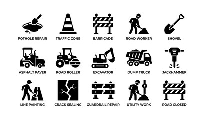 Obraz premium Roadwork icons depicting tools and vehicles on white background
