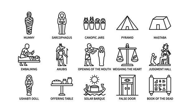 Ancient egyptian burial icons arranged in grid on white background