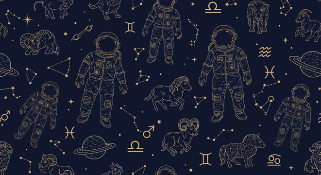 celestial pattern with astronauts zodiac signs and planets on dark blue background