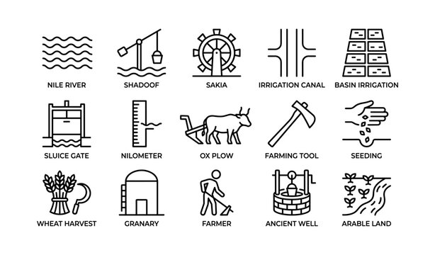 Grid of irrigation and farming icons showing agricultural elements