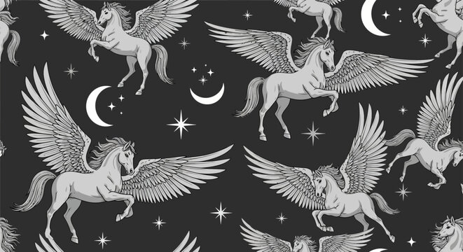 ethereal pegasus horses flying in night sky with moon and stars