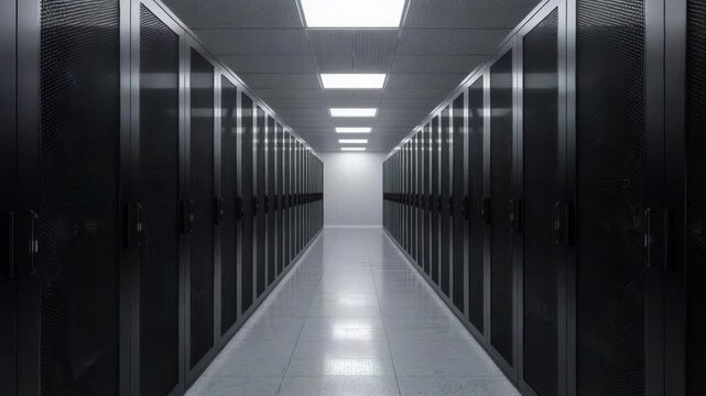 Data center corridor with server rack rows aisle and cool overhead lighting technical atmosphere