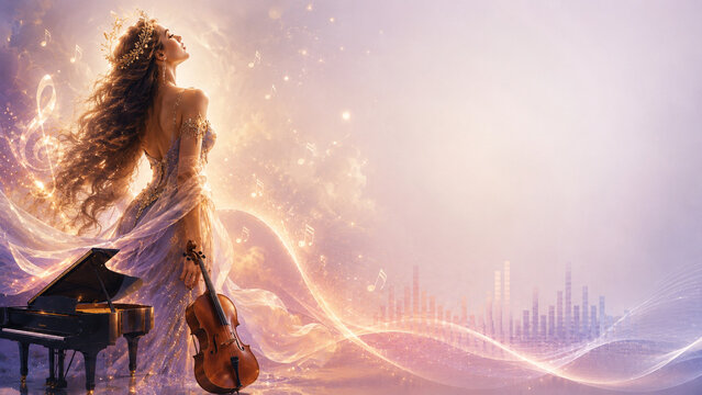 Majestic woman as a music goddess with grand piano, violin, and glowing golden notes