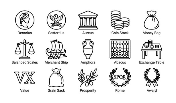 Ancient currency icons depicting roman coins symbols on white