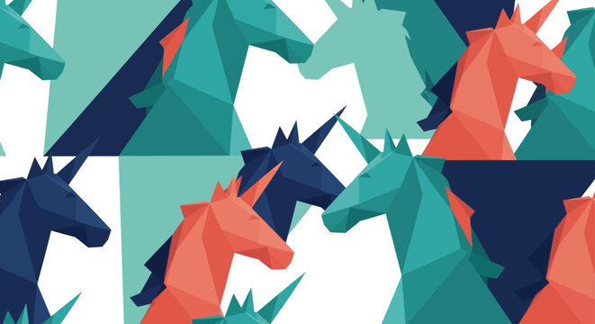 a vibrant seamless pattern of geometric low poly unicorns in a modern abstract design ideal for digital backgrounds and creative projects.