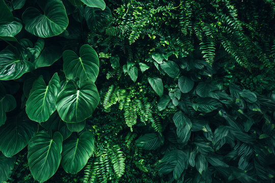 Lush tropical green foliage background with exotic jungle leaves and ferns, dark botanical texture, rainforest plant wall, moody nature backdrop, vibrant emerald greenery pattern