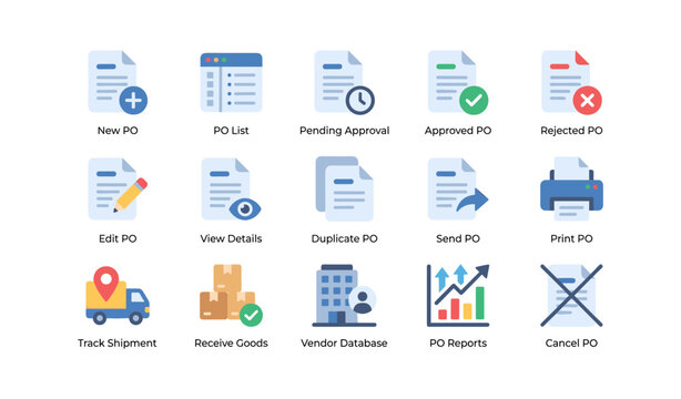 Purchase order icons showing po actions on white background