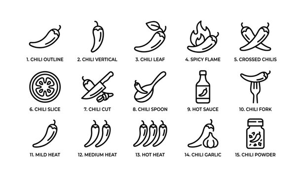 Chili pepper icon set showing shapes heat levels and condiments
