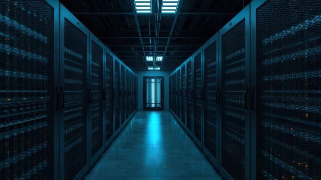 Cold blue data center aisle with server rack rows and reflective floor, server room atmosphere
