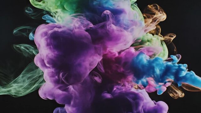 Vibrant green blue pink ink plumes mixing on black