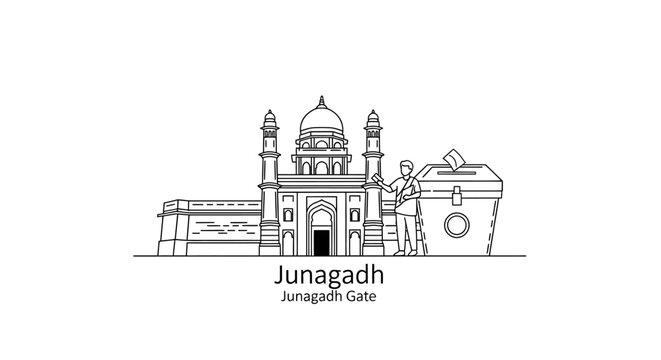 Junagadh Gate landmark and voter casting ballot box icon