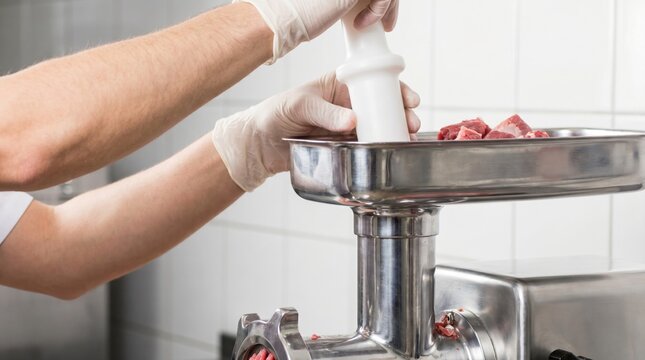 Close up of hands in white gloves using a meat grinder to mince fresh raw meat in a kitchen