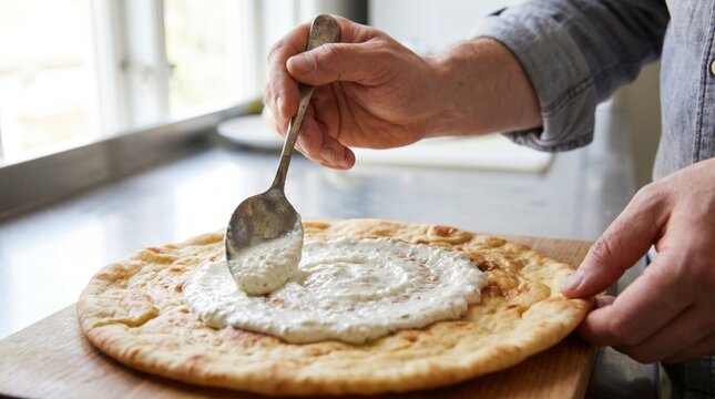 Chef hands spreading creamy white sauce onto a flatbread base with a spoon for making pizza