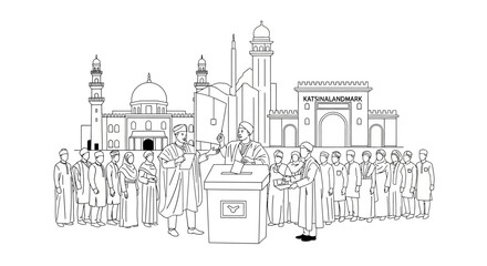 Naklejka premium Public Speaker Addressing a Crowd in Front of Islamic Landmark