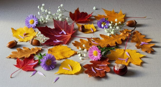 Colorful autumn leaves and flowers on textured fabric background