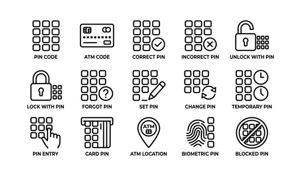 Pin code and atm security icons showing entry and verification