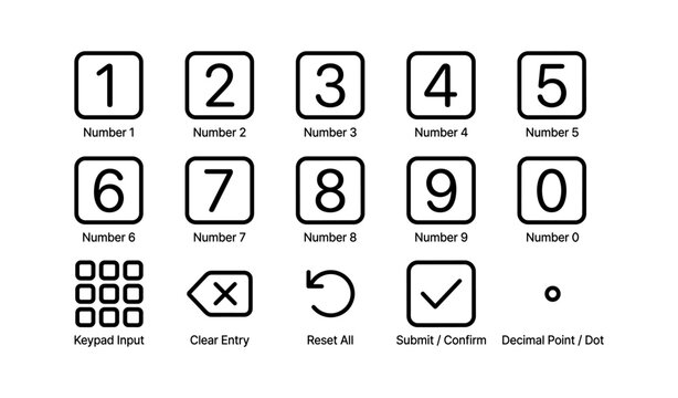 Numeric keypad and control icons arranged on white background