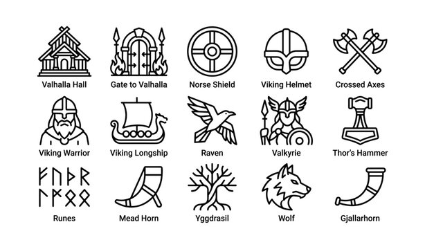 Norse mythology icons depicting viking symbols on white background