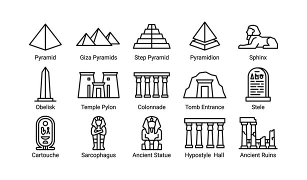 Ancient egyptian monument icons arranged in labeled grid display