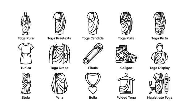 Roman toga and garment icons arranged in grid on white background