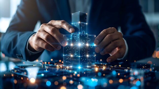 Hands of a businessman assembling a glowing digital puzzle cube, representing complex problem solving and innovative technology solutions.