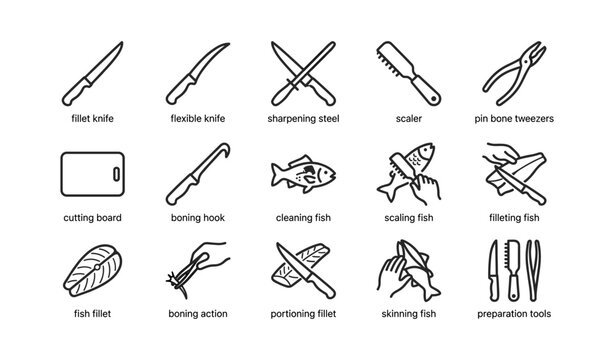 Fish filleting and preparation icons arranged on white background