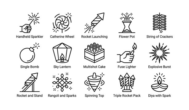 Firework and celebration icons arranged in grid on white background