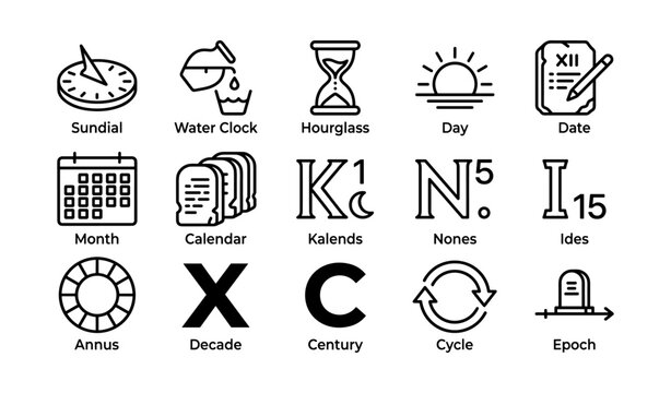 Calendar and time icons showing date and period symbols