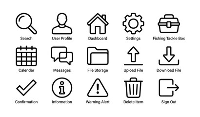 Fototapeta premium Black outline interface icons arranged in labeled grid on white