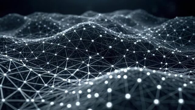 Abstract digital network mesh grid of glowing nodes and flowing connection wireframe waves in motion