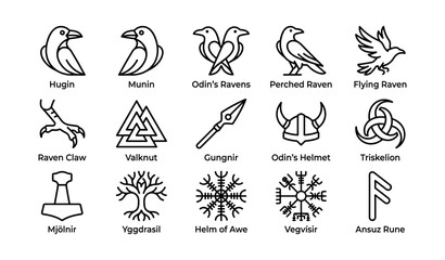 Naklejka premium Norse mythology icons arranged in rows on white background