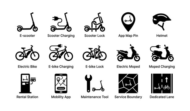 Micromobility icons showing scooters and bikes on white background
