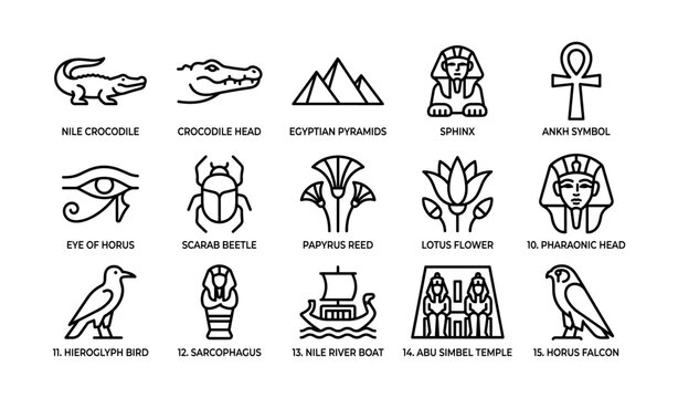 Egyptian symbols arranged in a grid on white background