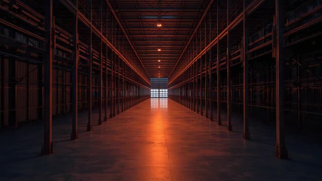 Empty warehouse interior aisle with metal shelving and industrial warm orange lighting glow