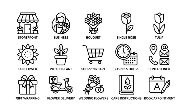 Floral shop and service icons displayed in outline style