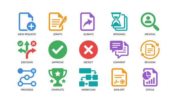 Workflow and approval icons in colorful labeled grid layout