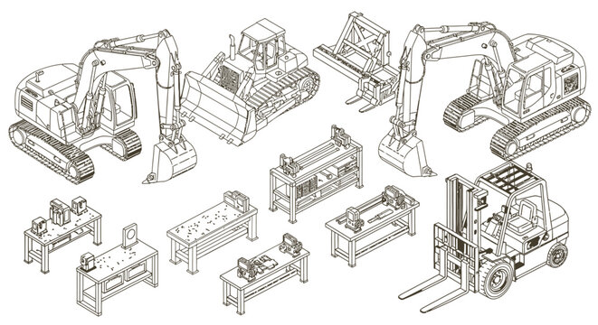 detailed isometric line art of various heavy construction machinery and industrial equipment for engineering and manufacturing concepts