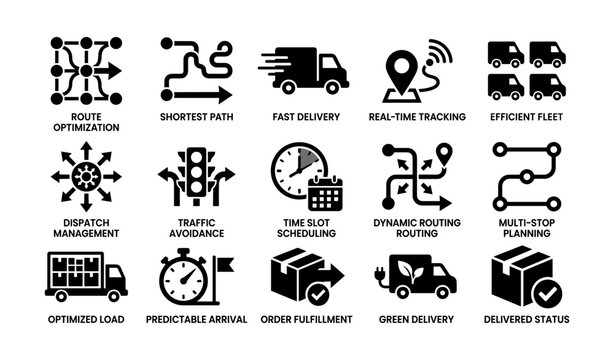 Routing and delivery icons showing logistics functions on white
