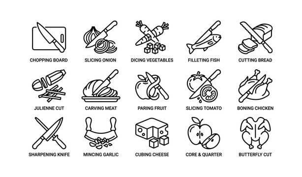 Kitchen knife and cutting technique icons on white background