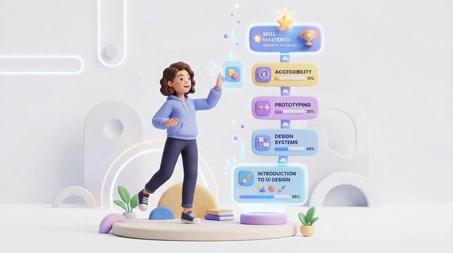 3D character presenting learning roadmap with skill mastery, accessibility and design milestones