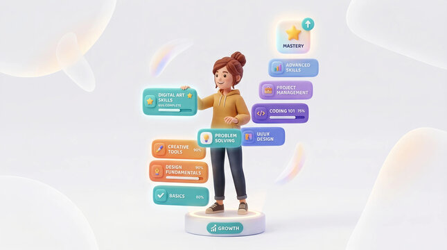 3D character learning new skills with gamified progress dashboard for coding and design