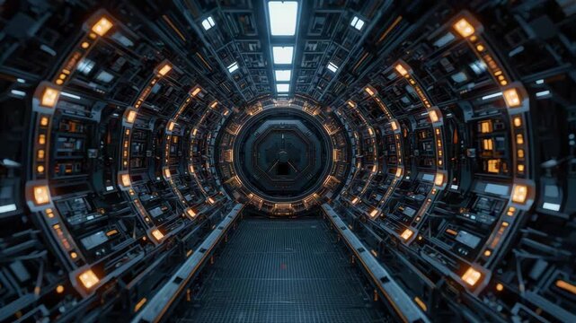 Futuristic spaceship corridor with illuminated panels and metal walkway, glowing control modules